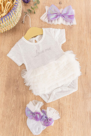 Tütü Etekli Fiyonklu Bandanalı Kız Bebek Tulum Takım