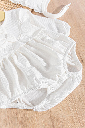 Güpürlü Şapkalı Kendinden Desenli Kız Bebek Tulum