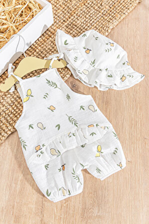 Fırfırlı Şapkalı Yazlık Müslin Kız Bebek Tulum