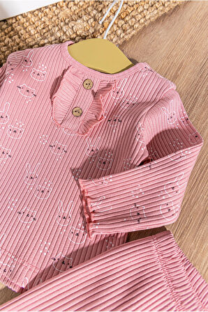 Tavşan Desenli Fırfırlı 2'li Kız Bebek Takım