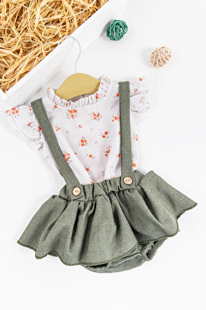 Babymod Çiçekli Kız Bebek 6 - 9 Ay Salopet Takım Yeşil