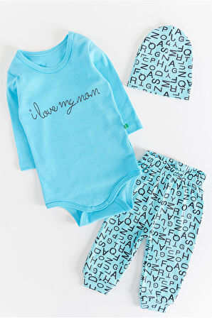 I Love Mom Harf Desenli Üç Parça Erkek Bebek Takım 