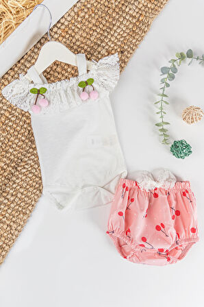Kiraz Desenli Güpürlü Kız Bebek Tulum Takım