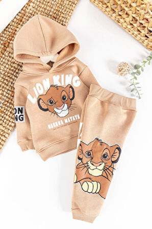 Aslan Figürlü Kapüşonlu İçi Pamuklu Erkek Bebek Takım