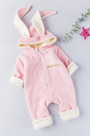 Tavşan Figürlü Kışlık Welsoft Kadife Astronot Kız/Erkek Bebek Tulum