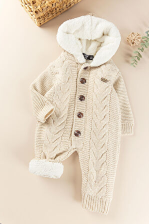 Triko Örme Welsoft Astarlı Kapüşonlu Kışlık Bebek Tulum