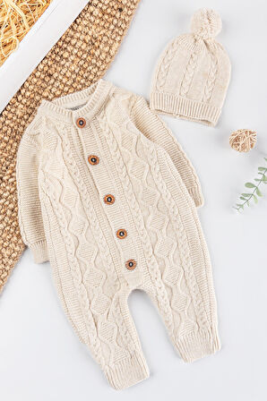 Saç Örgü Desenli Bereli Unisex Kışlık Şapkalı Bebek Tulum