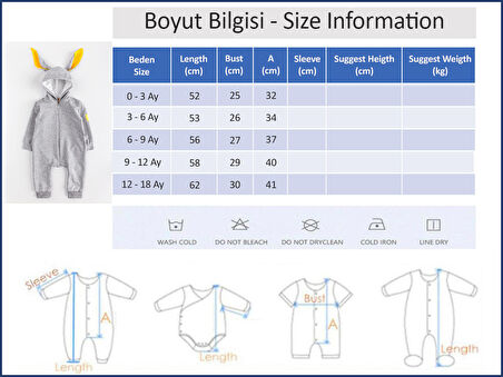 Tavşan Kulaklı Önden Fermuarlı Kız/Erkek Bebek Tulum