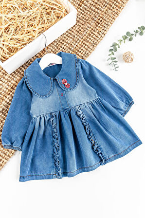 Bebe Yakalı Fiyonklu Denim Kız Bebek Elbise Kot Elbise