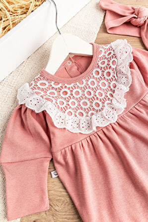 Güpürlü Bandanalı Kız Bebek Tulum Bebek Çıt Çıtlı Body