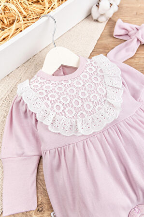 Güpürlü Bandanalı Kız Bebek Tulum