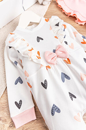 Kalp Desenli Fırfırlı Şapkalı Kız Bebek Tulum