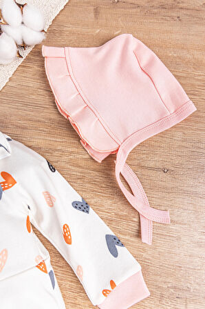 Kalp Desenli Fırfırlı Şapkalı Kız Bebek Tulum