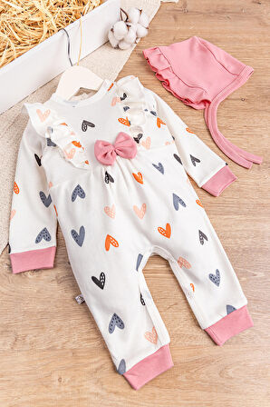 Kalp Desenli Fırfırlı Şapkalı Kız Bebek Tulum