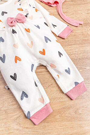 Kalp Desenli Fırfırlı Şapkalı Kız Bebek Tulum