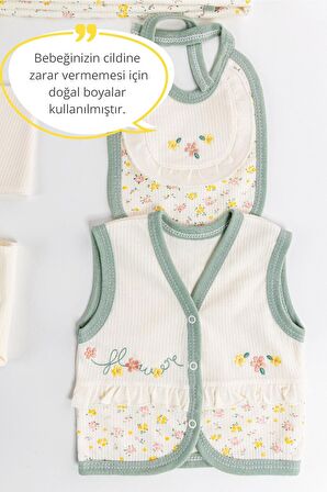 Çiçek Nakışlı Fırfırlı Pamuklu 10 Parça Kız Bebek Hastane Çıkışı Bebek Takımı