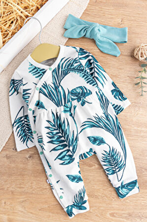 Yaprak Desenli Önden Çıt Çıtlı Bandanalı Kız Bebek Tulum