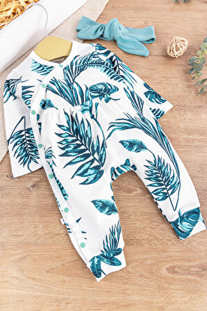 Yaprak Desenli Önden Çıt Çıtlı Bandanalı Kız Bebek Tulum