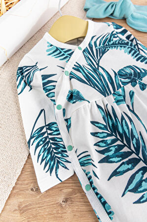 Yaprak Desenli Önden Çıt Çıtlı Bandanalı Kız Bebek Tulum