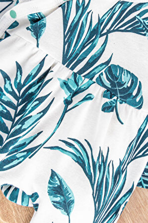 Yaprak Desenli Önden Çıt Çıtlı Bandanalı Kız Bebek Tulum