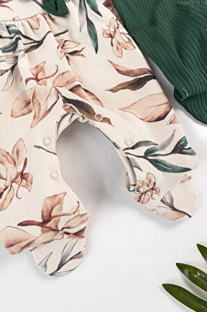 Çiçek Desenli Bandanalı 2'li Uzun Kollu Kız Bebek Tulum Takım