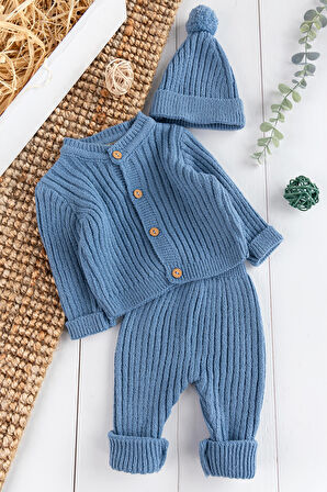 Triko Hırkalı Bereli Unisex Kışlık Şapkalı Bebek Takım