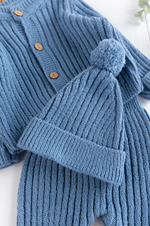 Triko Hırkalı Bereli Unisex Kışlık Şapkalı Bebek Takım