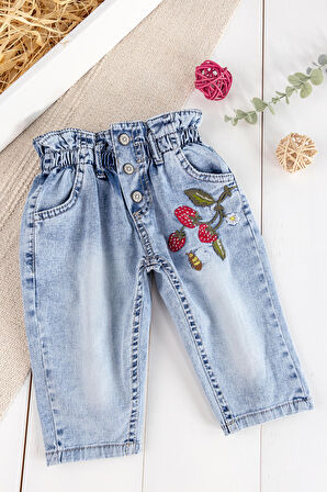 Çilek Nakışlı Denim Kumaşlı Beli Lastikli Kız Bebek Kot Pantolon