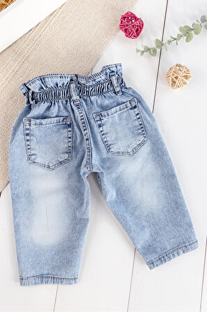 Çilek Nakışlı Denim Kumaşlı Beli Lastikli Kız Bebek Kot Pantolon