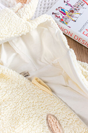 Tavşan İşlemeli Kapüşonlu Welsoft Peluş Kışlık Kız Bebek Tulum