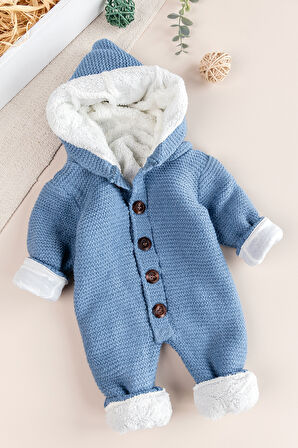 Triko Örme Welsoft Astarlı Kapüşonlu Kışlık Bebek Tulum