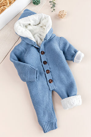 Triko Örme Welsoft Astarlı Kapüşonlu Kışlık Bebek Tulum