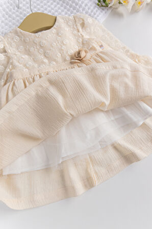 Dantel Tül Detaylı Dokuma Kumaş Krem Kız Bebek Elbise