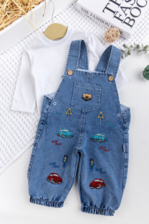 Erkek Bebek Arabalı 2'li Denim Şık Kot Salopet Tulum Takım