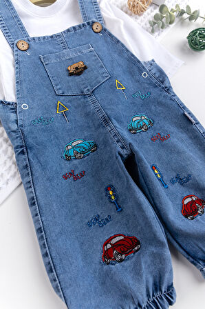 Erkek Bebek Arabalı 2'li Denim Şık Kot Salopet Tulum Takım