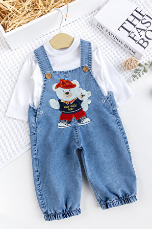 Erkek Bebek Ayıcık Nakışlı  2'li Denim Şık Kot Salopet Tulum Takım