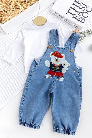 Erkek Bebek Ayıcık Nakışlı  2'li Denim Şık Kot Salopet Tulum Takım