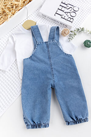 Erkek Bebek Ayıcık Nakışlı  2'li Denim Şık Kot Salopet Tulum Takım