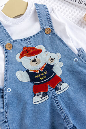 Erkek Bebek Ayıcık Nakışlı  2'li Denim Şık Kot Salopet Tulum Takım