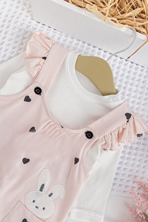 Kalp Desenli Fırfırlı %100 Pamuklu Kız Bebek Penye Tulum Salopet Takım