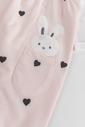 Kalp Desenli Fırfırlı %100 Pamuklu Kız Bebek Penye Tulum Salopet Takım