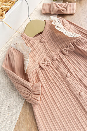 Güpürlü Fiyonklu  %100 Pamuk Penye Kız Bebek Tulum