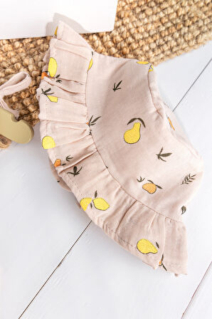 Fırfırlı Şapkalı Yazlık Müslin Kız Bebek Tulum