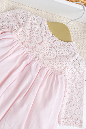 Fiyonklu  Dantelli Kız Bebek  Elbise Pembe  Şık Doğum günü Özel gün Bebek Elbise 