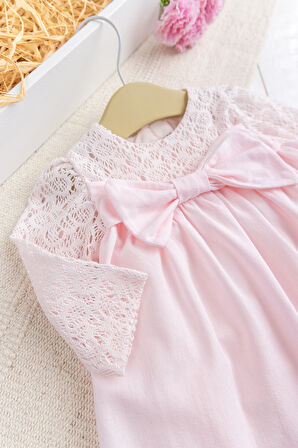 Fiyonklu  Dantelli Kız Bebek  Elbise Pembe  Şık Doğum günü Özel gün Bebek Elbise 