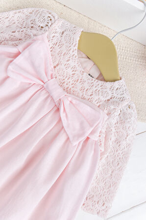 Fiyonklu  Dantelli Kız Bebek  Elbise Pembe  Şık Doğum günü Özel gün Bebek Elbise 