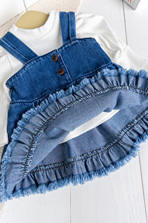 Püsküllü Jean Jile  Elbise Kot Salopet Buluz Set