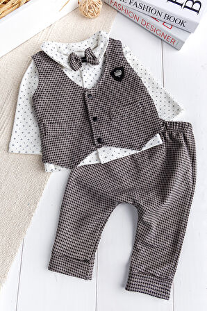 Kaz Ayagı Desenli Yelekli  Papyonlu 4'lü Erkek Bebek Takım Set Şık Özel Gün 