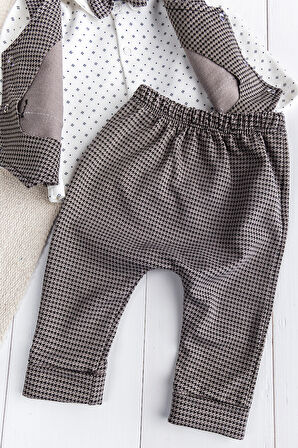 Kaz Ayagı Desenli Yelekli  Papyonlu 4'lü Erkek Bebek Takım Set Şık Özel Gün 