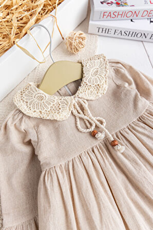 Dantel Detaylı Dokuma Kumaş Bej Kız Bebek Elbise Şık Özelgün Elbise